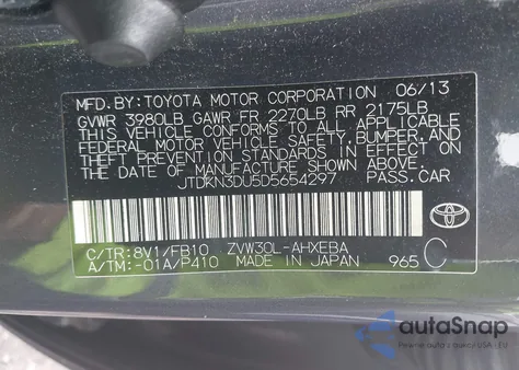 2013 Toyota Prius Three z USA, uszkodzony, nr VIN JTDKN3DU5D5654297